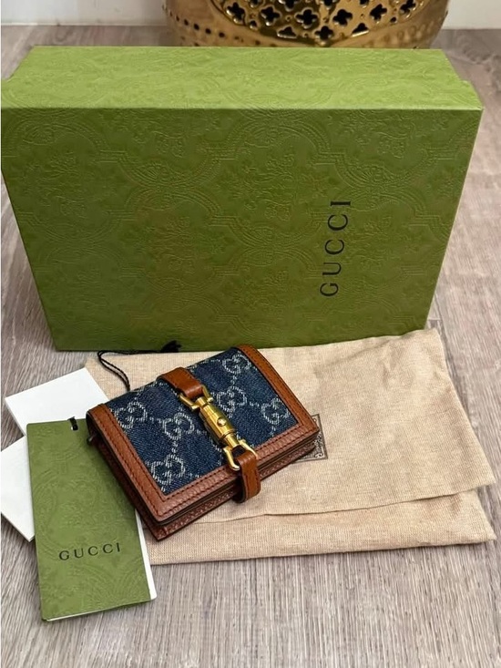 Gucci Other - Gucci Blue GG Denim Wallet with Brown Leather Trim and Brass Horsebit